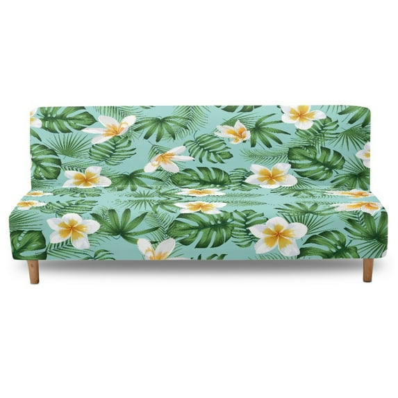 Jiueut Tropical Plumeria Palm Leaf Pattern Armless Futon Sofa Covers, Soft Couch Cover Non Slip Sofa Chair Covers with Elastic Edges for Fabric and Leather Chairs