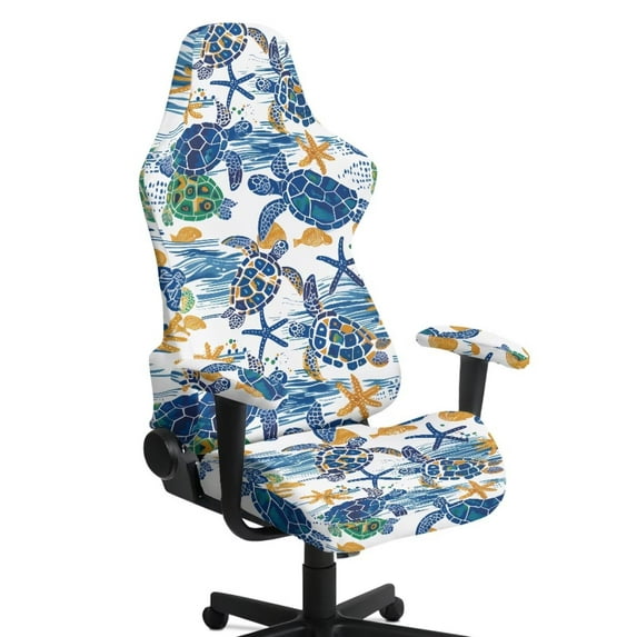 Jiueut Turtle Starfish Print Gaming Chair Cover Set of 4, Washable Computer Chair Slipcovers Thick High Back Chair Slipcover with Elastic Bottom Universal Desk Chair Seat Protector