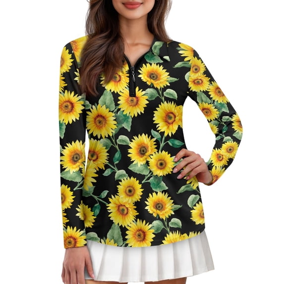 Jiueut V Neck T-Shirts for Ladies Loose Fit Pullover Sunflower Breathable Activewear with Zip Up Sports Fall Tops Long Sleeves, Size X-Small