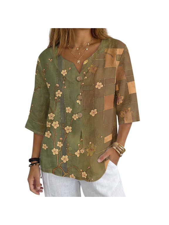 Vintage Plaid Flower Print Womens Tops Casual V Neck 3/4 Sleeve Blouses V Neck Shirt Linen-Style Button Down Clothes
