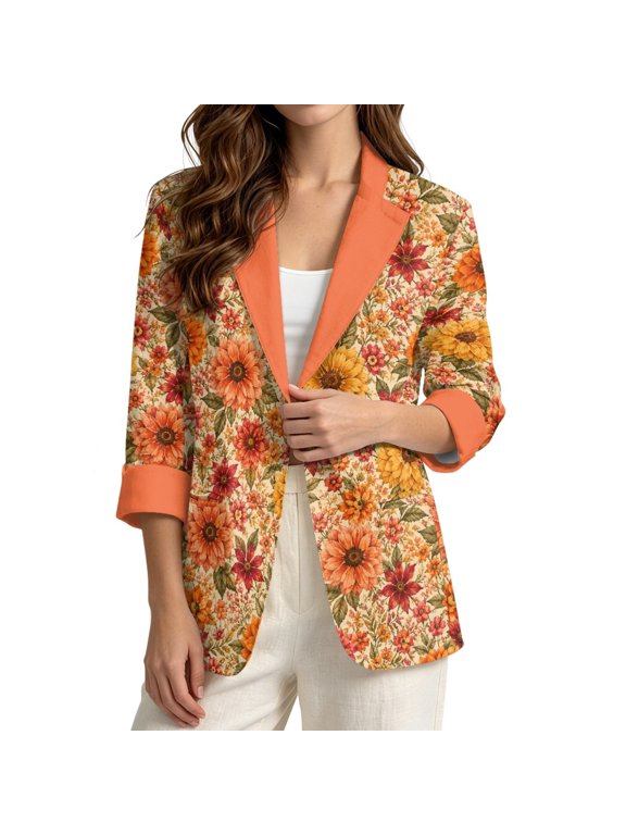 Vintage Sunflower Floral Print Womens Linen Style Blazer 3/4 Cuffed Sleeve Cardigan Coat, M