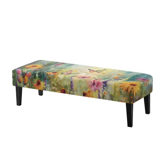 Jiueut Watercolor Butterfly Daisy Lavender Print Dining Bench Cover, Stain Resistant Bench Seat Protector Cover with Elastic Band Breathable Rectangle Seat Cushion Long Chair Cover for Home Hotel