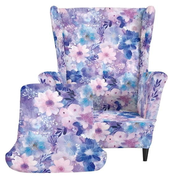 Jiueut Watercolor Flower Print Wing Chair Slipcover, 2-Piece Printed Wingback Chair Cover with Elastic Bottom, High Stretch Spandex Armchair Sofa Cover Slipcover for Living Bedroom Dining Room