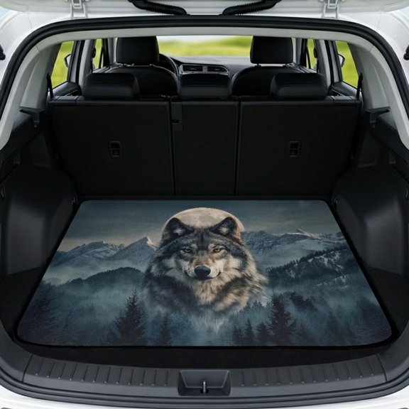 Jiueut Wolf Mountain Moon Forest Print Universal Car Trunk Mat 29" x 39", Anti-Slip Easy to Clean Trunk Protective Mat, Sporty Vehicle Interior Accessories Suitable for Most Car Models
