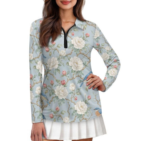 Jiueut Woman Polo Tops Activewear Moisture Wicking Versatile V Neck Pullover Quarter Zip Workout Tops Long Sleeves, Bluebird Floral Print, Size XX-Large