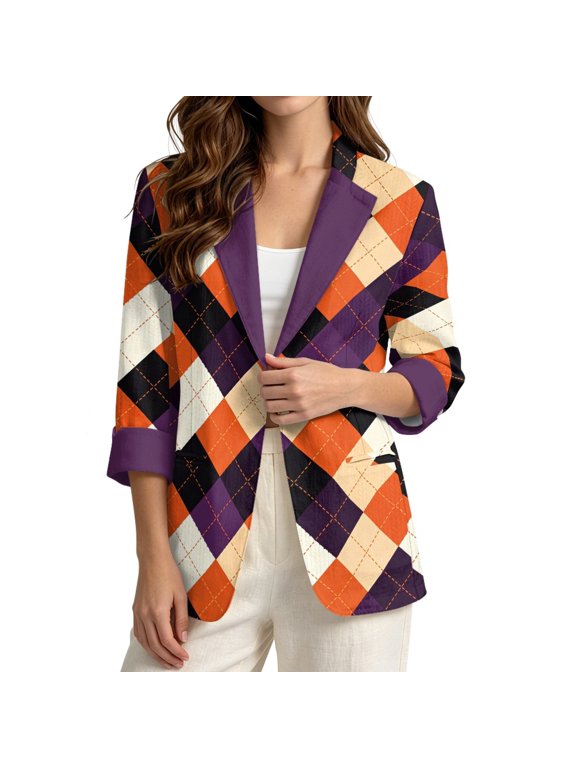 Orange Argyle Print Women Linen-Like Office Blazer 3/4 Sleeve Pocket Jacket, S