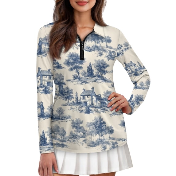 Jiueut Women's Long Sleeve Polo Shirts with Vintage Countryside Print, 1/4 Zip Collared Golf Shirts, Sun Protection Golf Apparel, Casual Golf Daily Wear, Size Medium