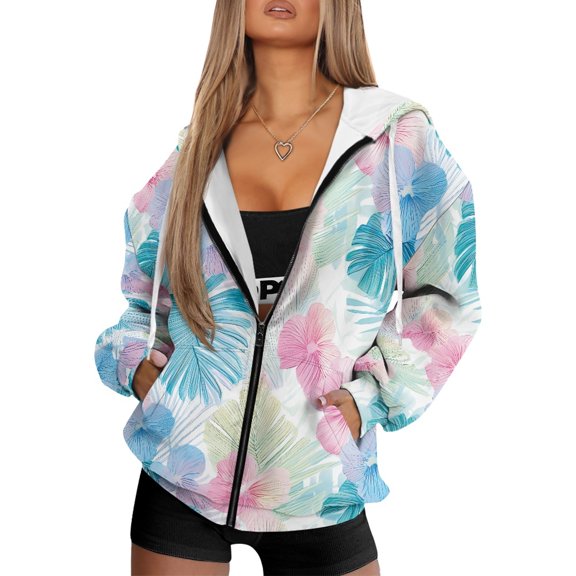 Jiueut Women's Pastel Tropical Floral Printed Oversized Full Zip Hooded Sweatshirt Y2K Style Long Sleeve Casual Drawstring Jacket with Pockets for Daily, Vacation, XL