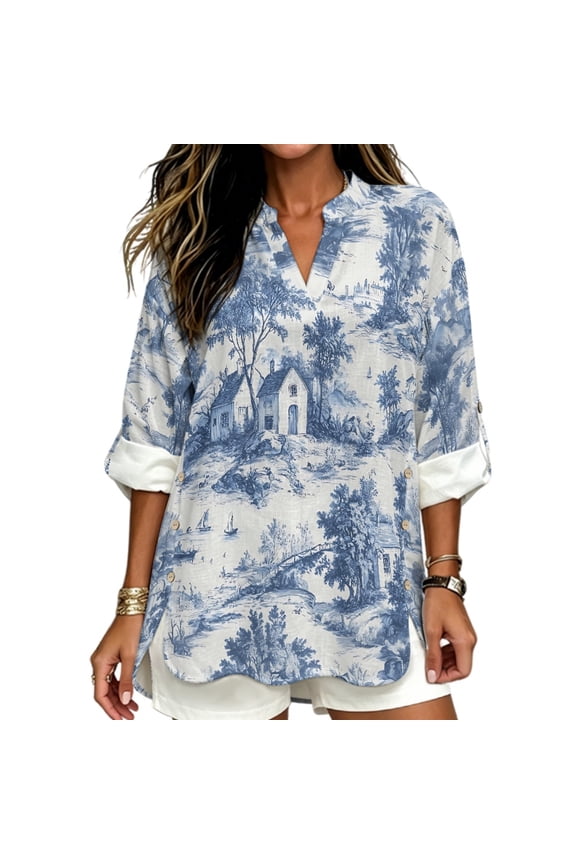 Workout Tops Cotton Linen Summer Tops Blue Toile Landscape Print Side Button Curved Hem Long Sleeve Tops for Women for Vacation, Size Medium