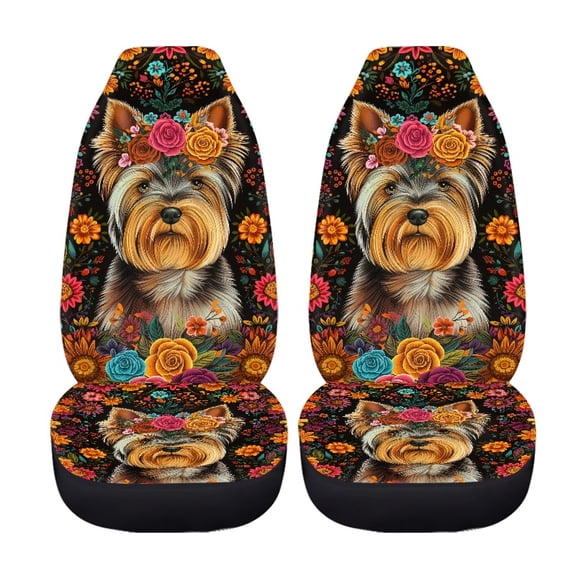 Jiueut Yorkshire Flower Print 2 Pieces Car Front Seat Cover, Washable Auto Seat Protectors Anti-Scratch High Back Car Seat Cover Universal Fit Most Vehicles