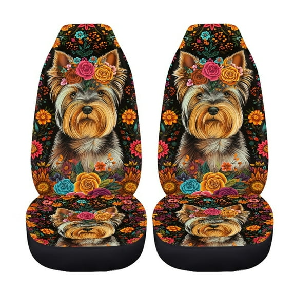 Jiueut Yorkshire Flower Print 2 Pieces Car Front Seat Cover, Washable Auto Seat Protectors Anti-Scratch High Back Car Seat Cover Universal Fit Most Vehicles