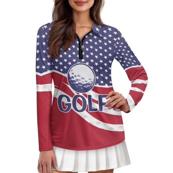 Jiueut Zip Up Golf Polo for Ladies Sun Protection T-Shirts American Flag Golf Pattern Design Casual Tops with Long Sleeves Sports Spring Pullover V Neck, Size X-Small