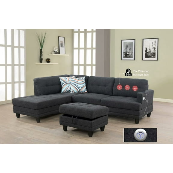 Jiuliana 96" Wide Massager and USB Charging Corner Sectional with Ottoman,Left Hand Facing Black Grey