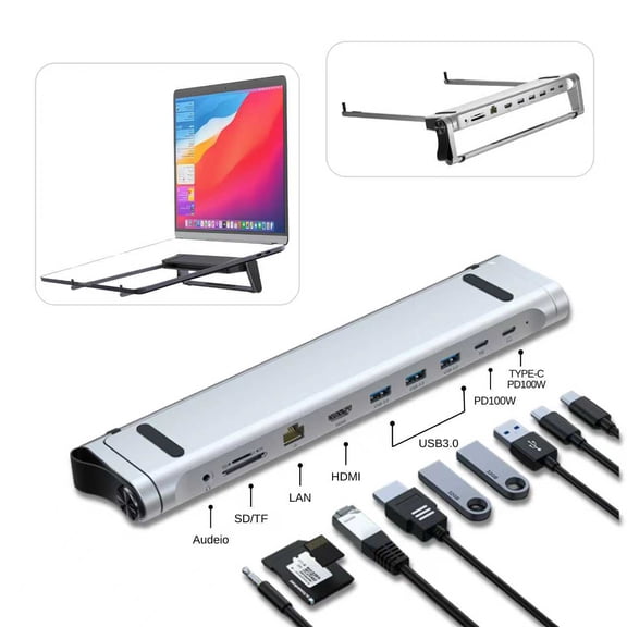 Jiuyaoyiyang Aluminum Laptop Stand with 9in1 Docking Station 100W PD Fast Charging, Gigabit Ethernet, 4K HDMI, USB 3.0, Portable Leather Handle, Cooling Design for USBC Laptops