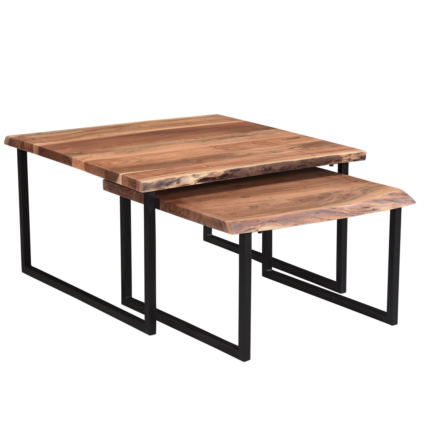 Jivin Live Edge Natural Wood and Black Iron Coffee Table Set