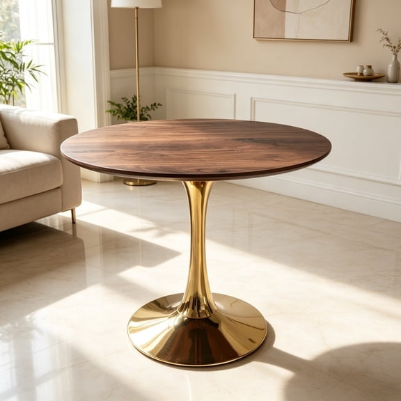 Jivora 31.5" Round Dining Table, Walnut Mdf Top with Golden Base, Modern Round Table