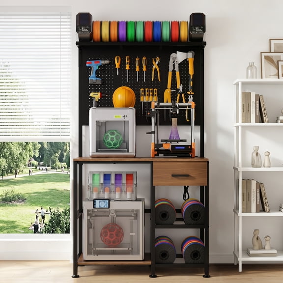 Jivora 37.80" 3D Printer Stand with Filament Storage, Workstation Table with Drawer and Pegboard