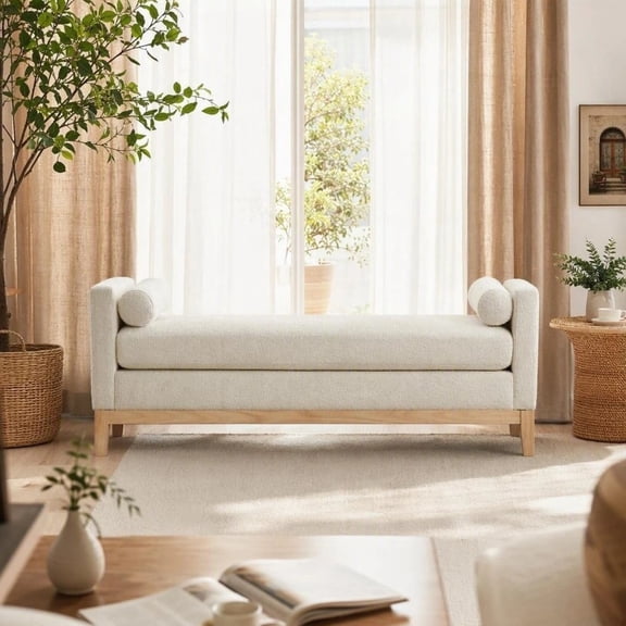 Jivora 66.34" Upholstered End of Bed Bench with Arms, Wood Legs & 2 Bolsters