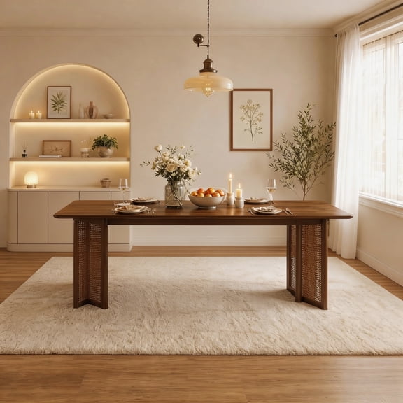 Jivora 70.87" Rubber Wood Dining Table with Rattan Accents, 800 lbs Capacity