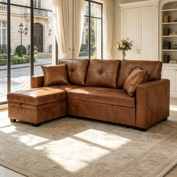 Jivora 71" L-Shaped Modular Sofa, Faux Leather Pull-Out Sleeper with Storage Chaise
