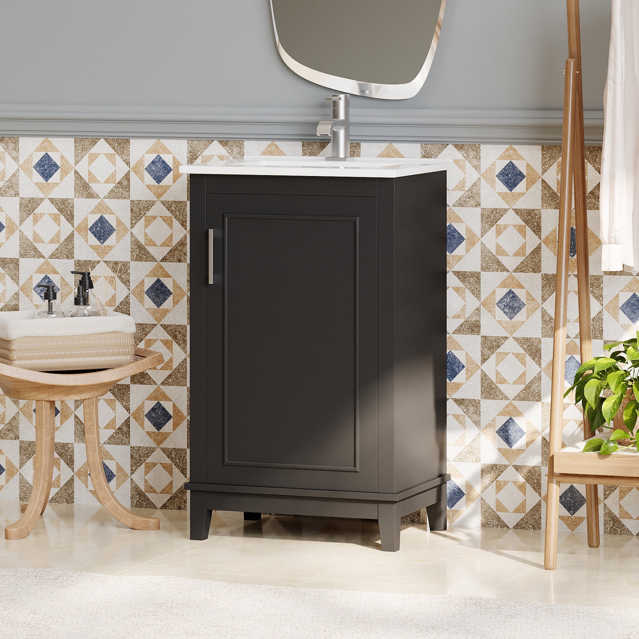 Jivora Modern Bathroom Vanity with Ceramic Sink, Storage, Shelves, Wood, Black