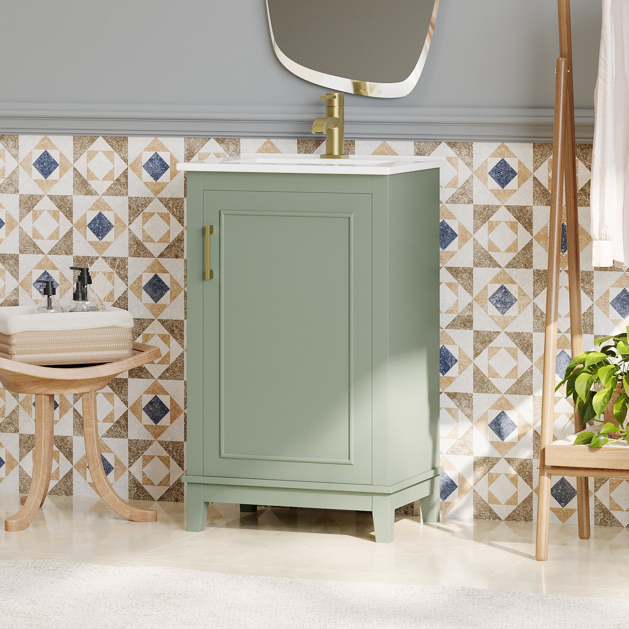 Jivora Modern Bathroom Vanity with Ceramic Sink, Storage, Shelves, Wood, Green