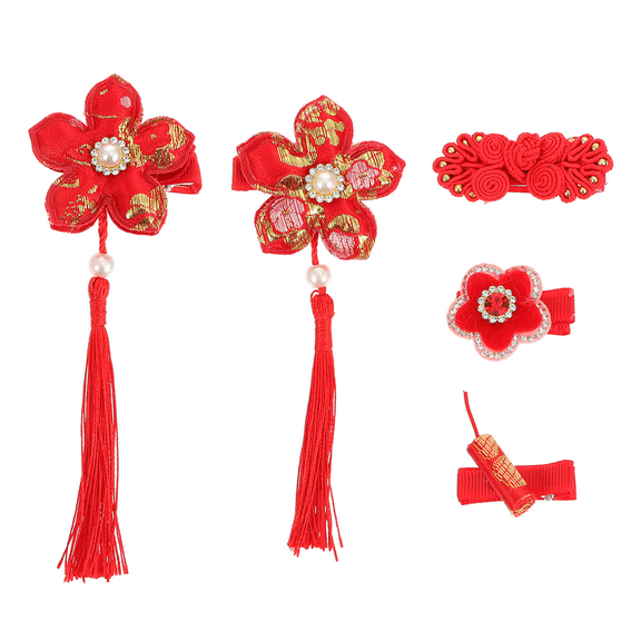 HONITANO Tassel Hair Clips Chinese New Year Theme Red For Children Daily Life 5Pcs 14.5X1.97X0.79In