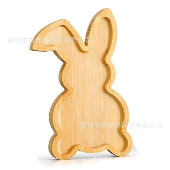 Jiyike Rustic Easter Bunny Serving Tray Wooden Rabbit Shaped Platter Easter Farmhouse Fruit Holder Decorative Bunny Tray Wood Dessert Cupcake Serving Plate