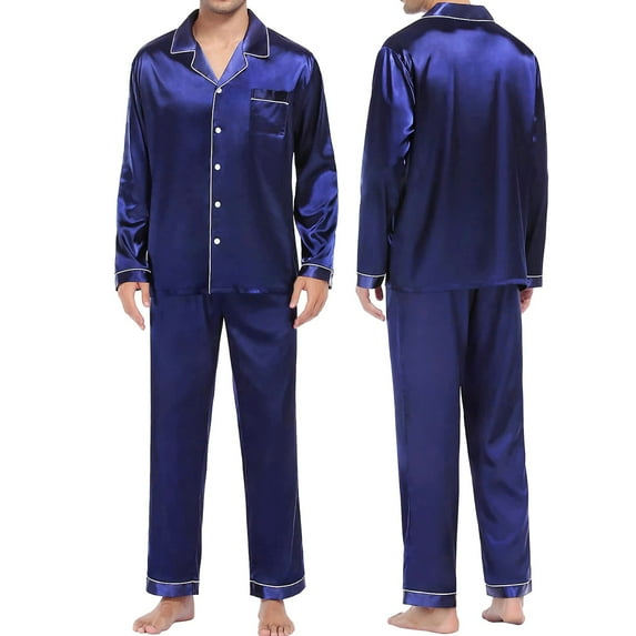 Jiyugala Clearance Women's Sleepwear Men's Casual Pyjamas Long Sleeve Blouse Button Silk Satin Two Piece Sleepwear Suit Pant Pyjama Blue