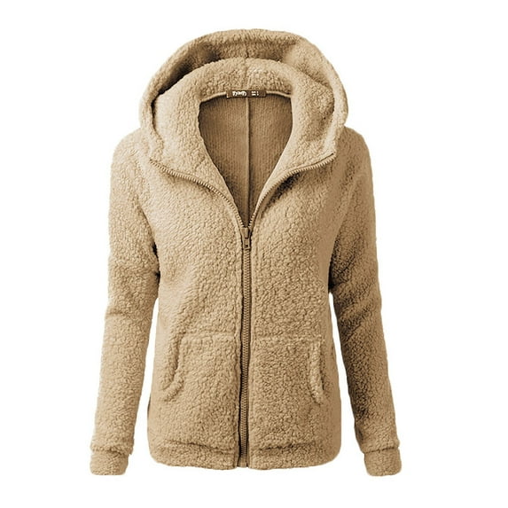 Jiyugala Coats for Women Hooded Sweater Coat Winter Warm Wool Zipper Coat Cotton Coat Outwear