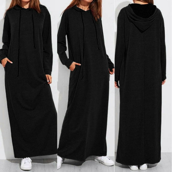 Jiyugala Dresses for Women 2023 Casual Winter Fall Long Sleeve Maxi Hooded Hoodies Long Black Fashion Dress