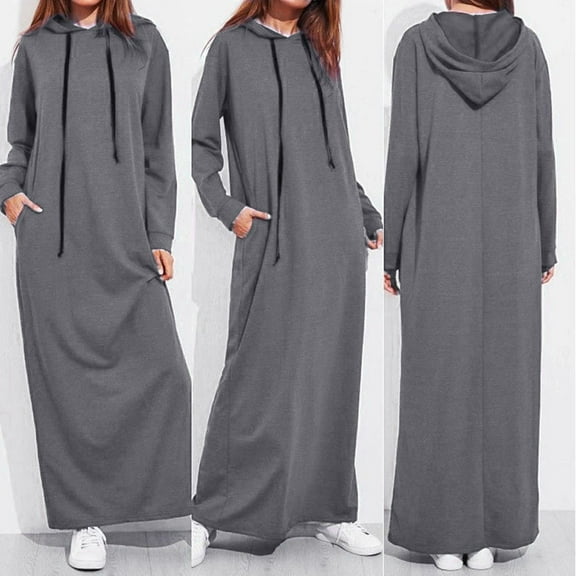 Jiyugala Dresses for Women 2023 Casual Winter Fall Long Sleeve Maxi Hooded Hoodies Long Gray Fashion Dress