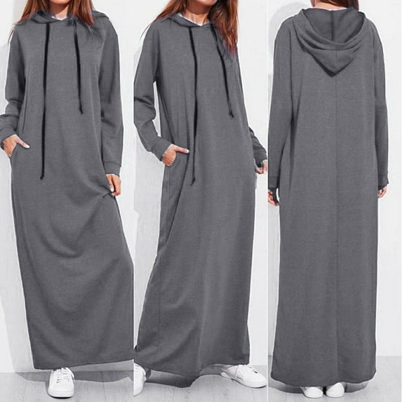 Jiyugala Dresses for Women 2023 Casual Winter Fall Long Sleeve Maxi Hooded Hoodies Long Gray Fashion Dress