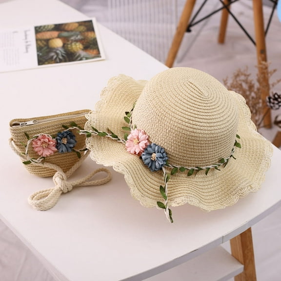Jiyugala Hats Girls 2-8 Age Straw Hat Tourism Sun Hat Flower Children Sun Hat And Bag Set