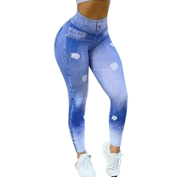 Jiyugala High Waist Leggings for Women Denim Print Jeans Look Like Stretchy Slim Skinny Jeggings Casual Pants