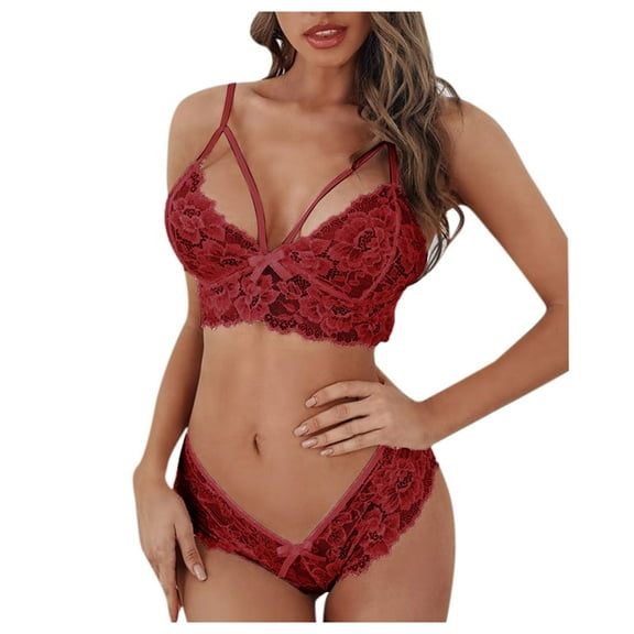Jiyugala Lingerie for Women Plus Size Corset Lace Floral Bralette Bra Two Piece Underwear Nightgowns Sleepwear Sets