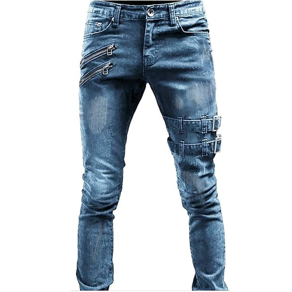 Jiyugala Men's Trousers Casual Straight Mid-rise Slim Fit Ripped Jeans