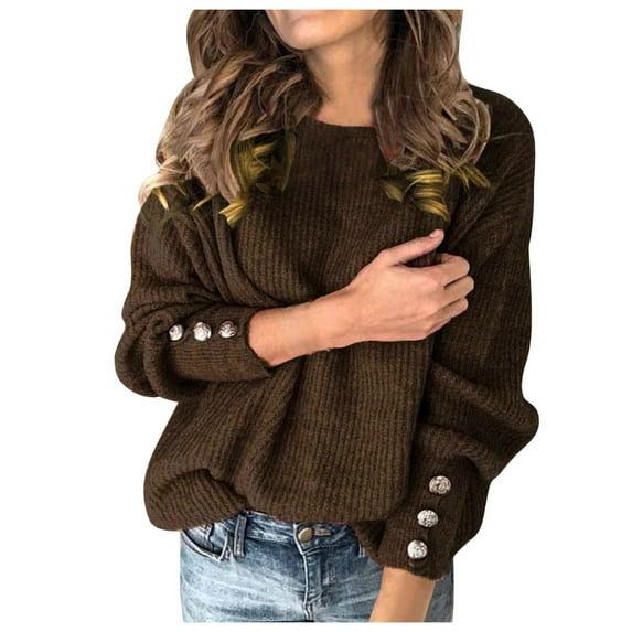 Jiyugala Pullover Sweaters for Women Winter Fall Plus Size Round Neck Long Sleeve Fashion Solid Warm Casual Tops