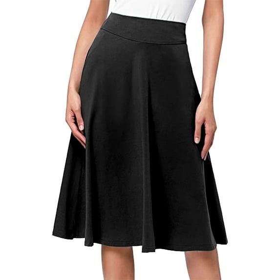 Jiyugala Simple Comfy Basic Solid Color Stretch A Line Flared Knee Length Skirt