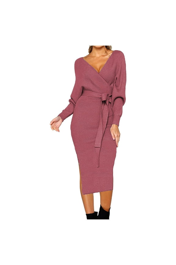 Sweaters Dresses for Women Winter Fall Plus Size Long Sleeve V-Neck Knotted Bag s Tie Waist Knitted Pencil Fashion Casual Sweater Dress