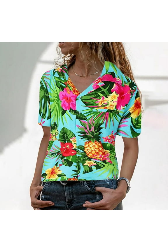 Tops for Womens Flowers Leaves Blouse Pineapple Funky Shirt Frontpocket Women's Hawaiian Print Women Shirts