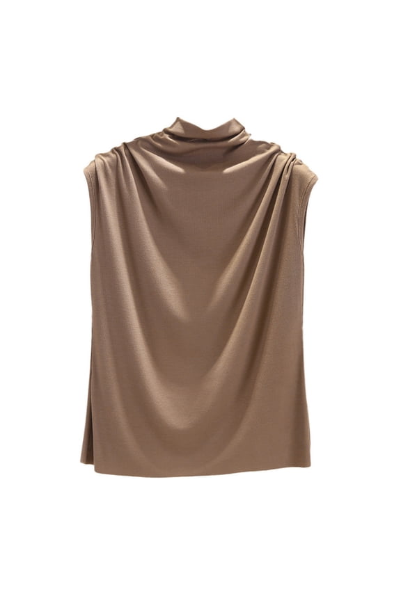 Women Turtleneck Sleeveless Cotton Solid Casual Loose Tunic Top Tee Shirt Tank