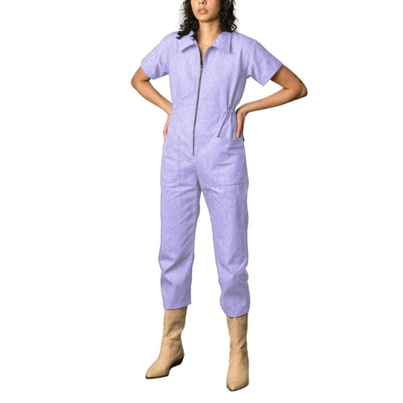 Jiyugala Women's Jumpsuit Cropped Utility Jumpsuit Casual Short Sleeve Jumpsuits Zip Up Outfit with Pockets Jumpsuits for Women