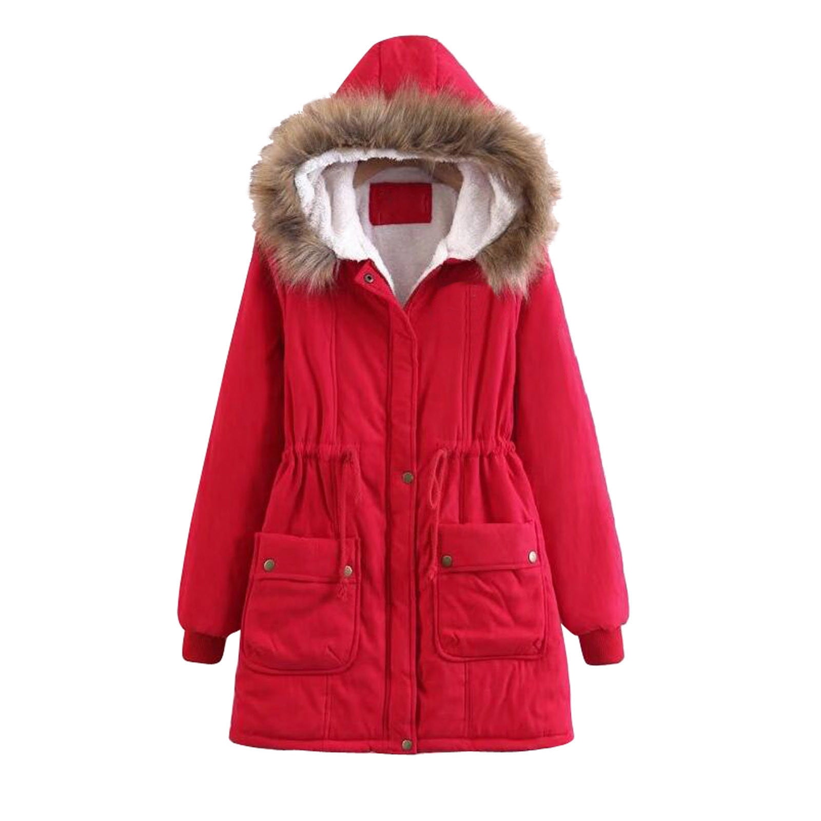 Jiyugala Women's Overcoat Plush Collar Coat Winter Drawstring Pockets ...