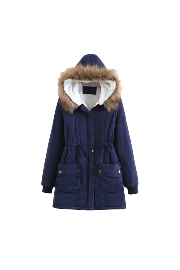 Women's Overcoat Plush Collar Coat Winter Drawstring Pockets Long Sleeve Hooded Outdoor Wind Warm Slim Jacket