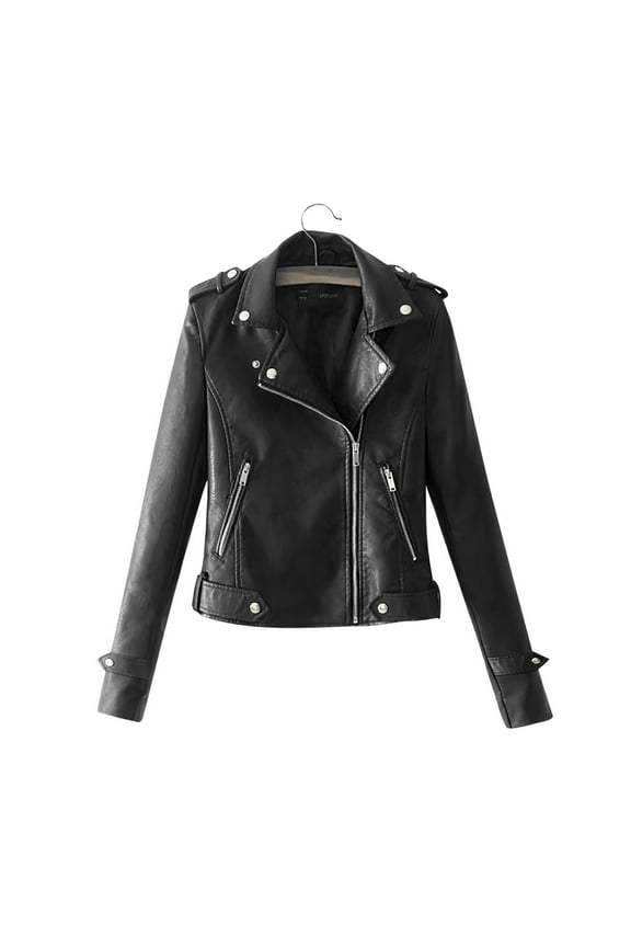 Women's Overcoat The Belt Fashion Leather Lapel Pocket Solid Color Zipper Long Sleeve Racing Style Slim Biker Jacket
