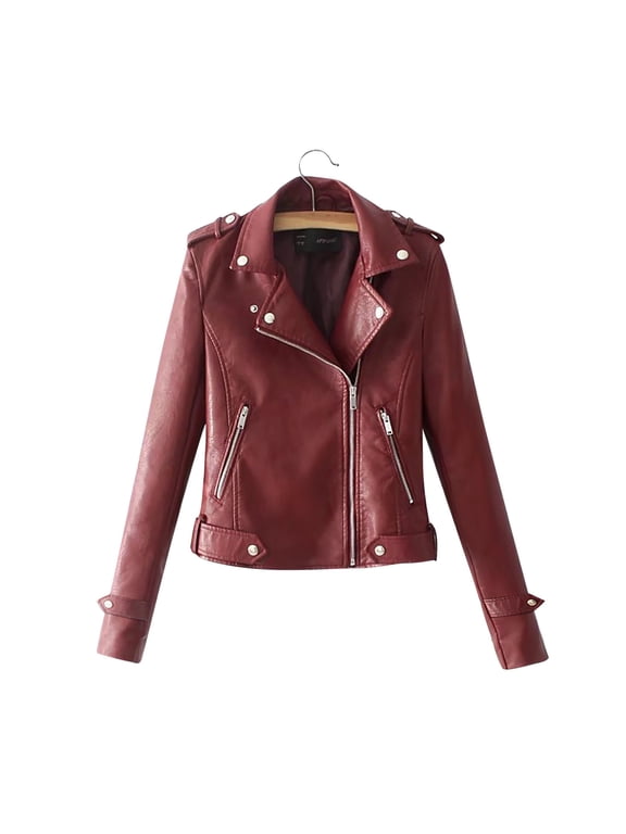 Women's Overcoat The Belt Fashion Leather Lapel Pocket Solid Color Zipper Long Sleeve Racing Style Slim Biker Jacket