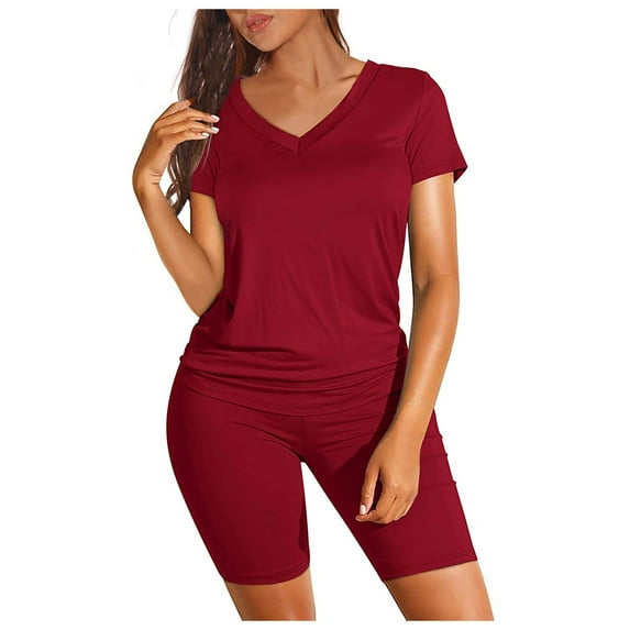 Jiyugala Women's Two Piece Outfits For Women Short Sleeve V Neck Biker Shorts Set