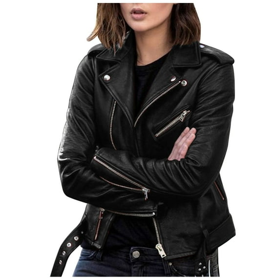 Jiyugala Womens Overcoat Plus Size Fashion Leather Jacket Long Sleeve Zipper Fitted Artificial Leather Coat Fall Short Jacket Slim Coat