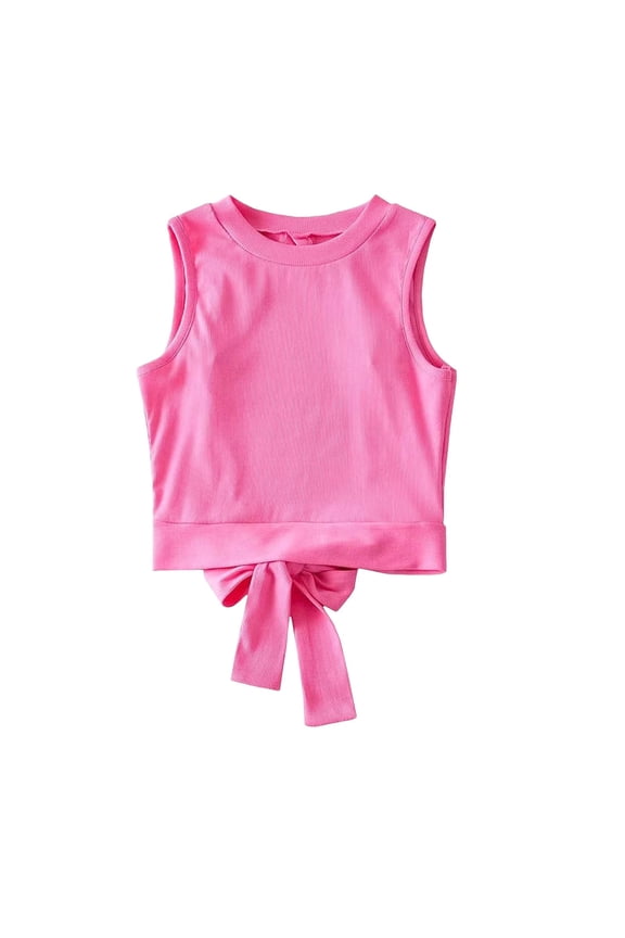 Children Short Tank Top T Shirt Summer Round Neck Back Bow Tie Hollowed Out Short Style Carry Camisole Long Sleeve Tee Shirts Kids Girls 7/8 Outfits Tops Packs Girls Tops And Bottoms Long